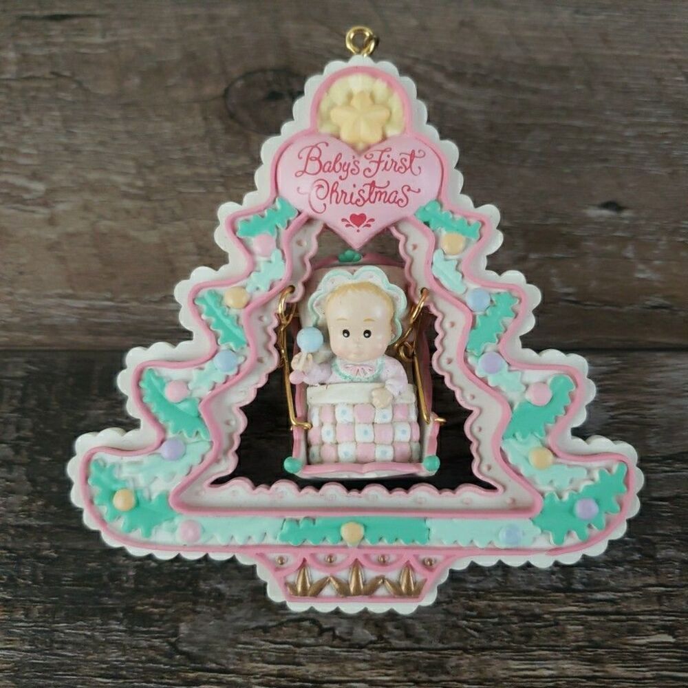 Carlton Cards Heirloom Baby Girl's First Christmas 1992 Rock-a-Bye Ornament